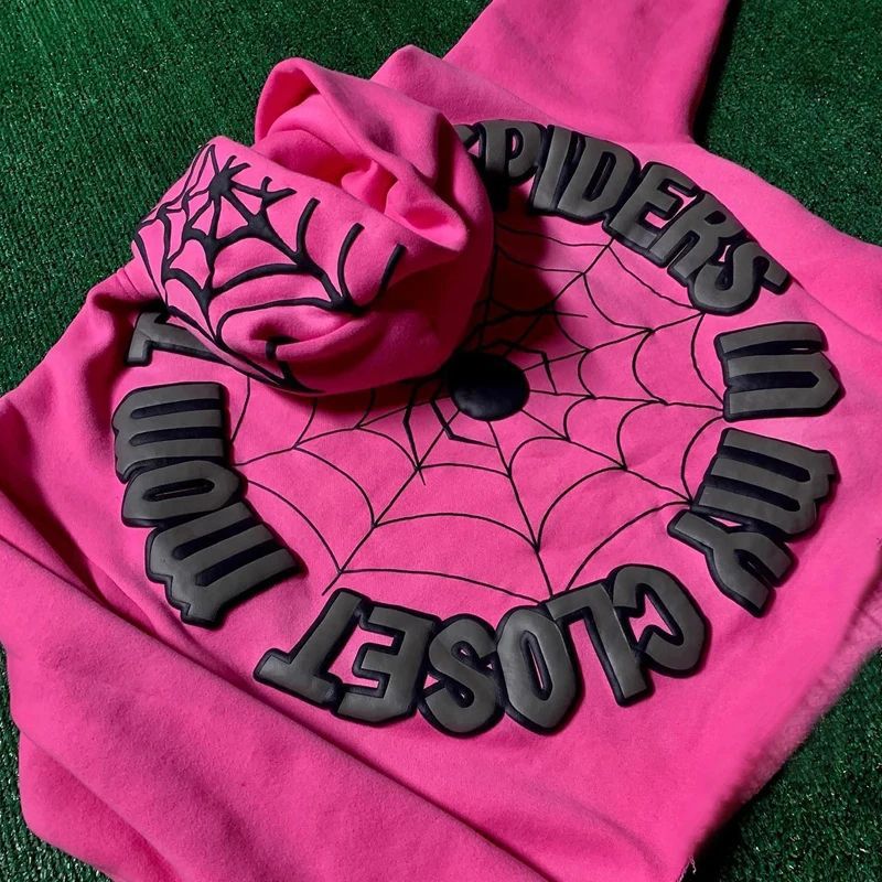Style Spider Web Print Loose Street Pink Unisex Hoodie