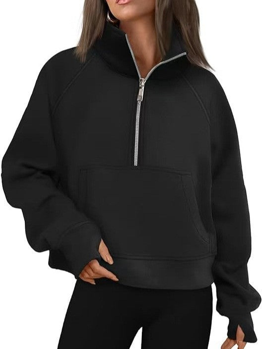 Fashionable Women's Autumn/Winter Fleece Pullover with Raglan Sleeves Loose Fit Stand-Up Collar Half-Zip Hoodie