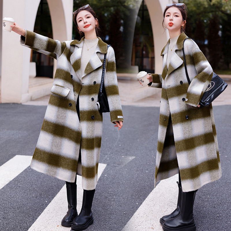 Fashion Women's Woolen Coat Lapel Plaid Long Sleeves Pockets Loose Warm Casual Coats Female Winter