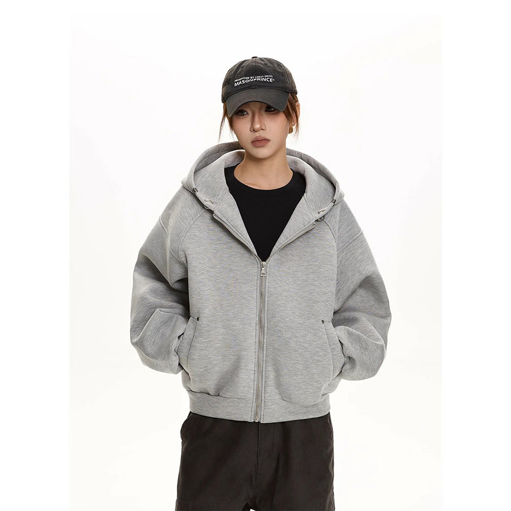 Hooded Zip-Up Hoodie for Women, Casual Loose Fit, Clean Fit, Short Length