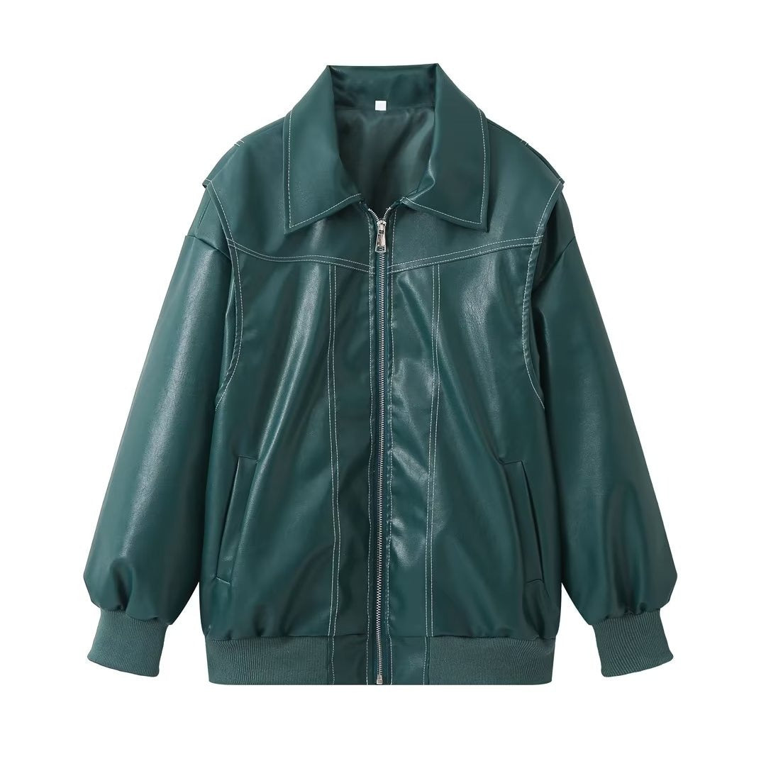 PU Autumn Winter Vintage Long Sleeve Patchwork Jackets Fashion Streetwear Pocket Coats