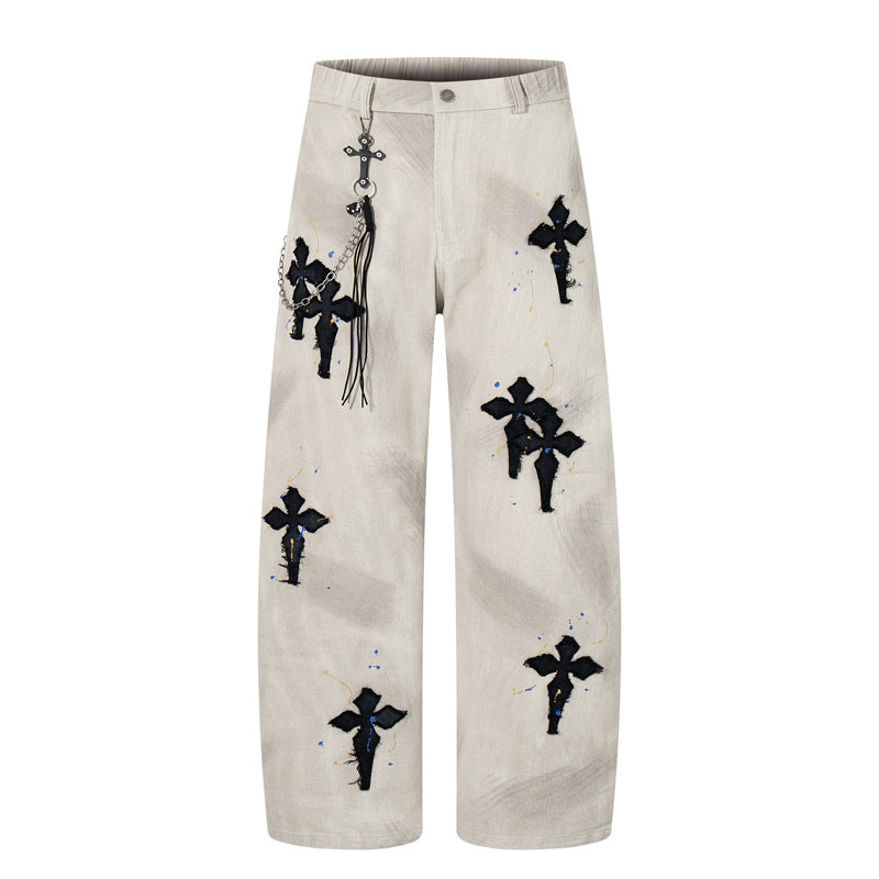 Street Style Luxury Cross Patch Embroidery Color Splatter Hand-painted Straight Leg Hip-hop Loose Jeans