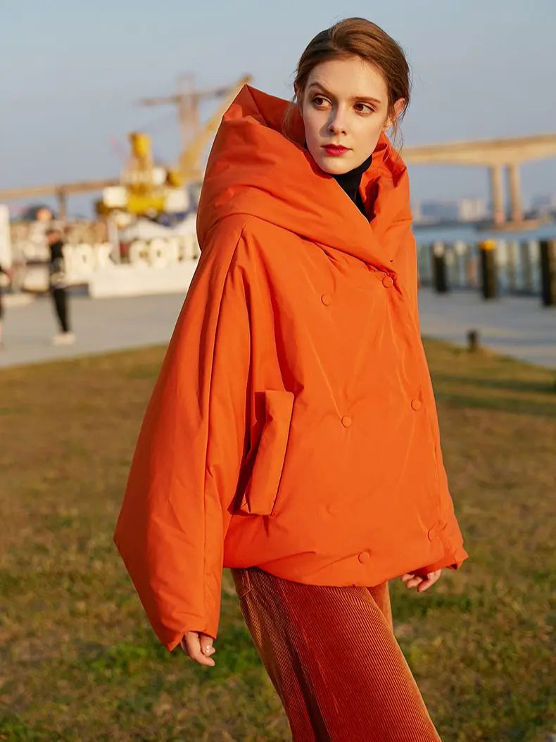 Winter Women's Parkas Fashion Tide Loose Fluffy Orange Red Oversized Down Jacket New Hooded Long Sleeve Warm Coats