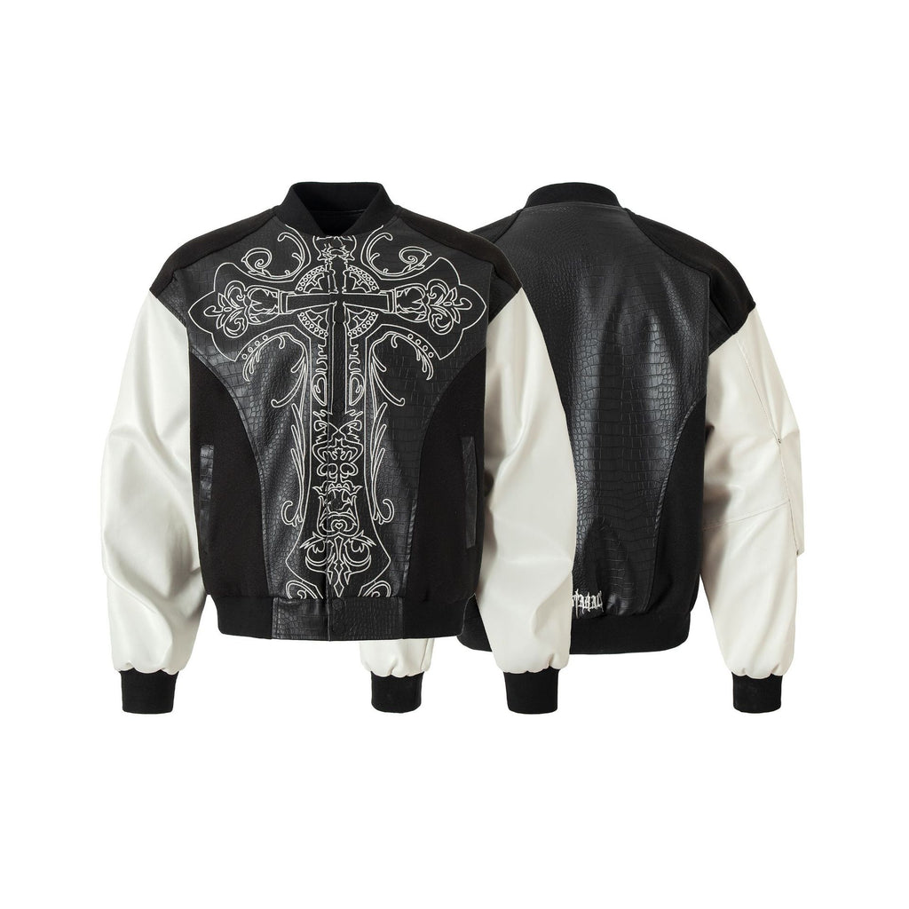Cross embroidered patchwork leather jacket