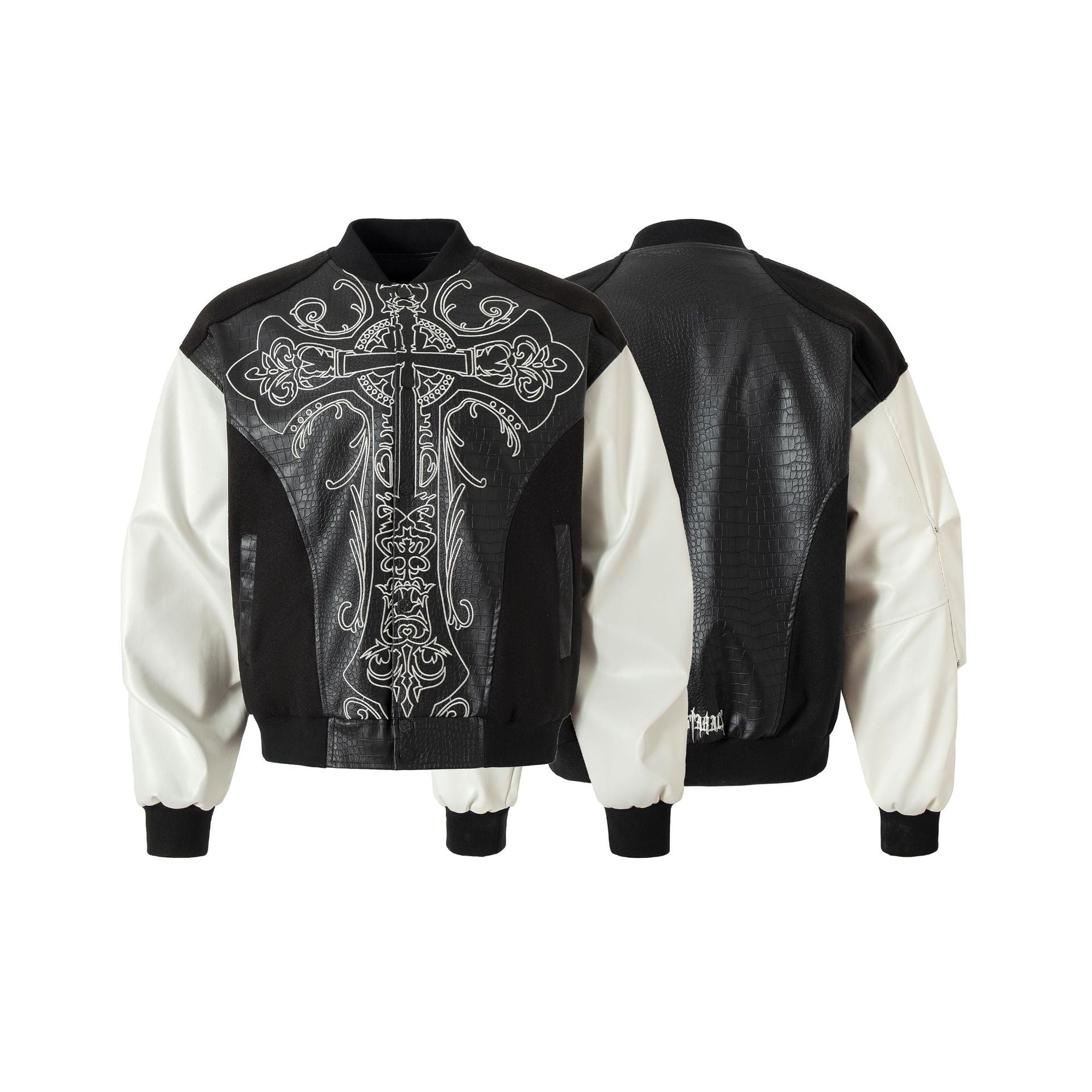 Cross embroidered patchwork leather jacket