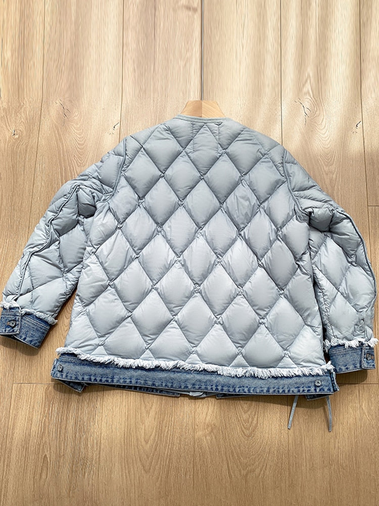 Winter Cotton Coat For Women Round Neck Long Sleeve Patchwork Denim Casual Down Coats Female Clothing Fashion Style