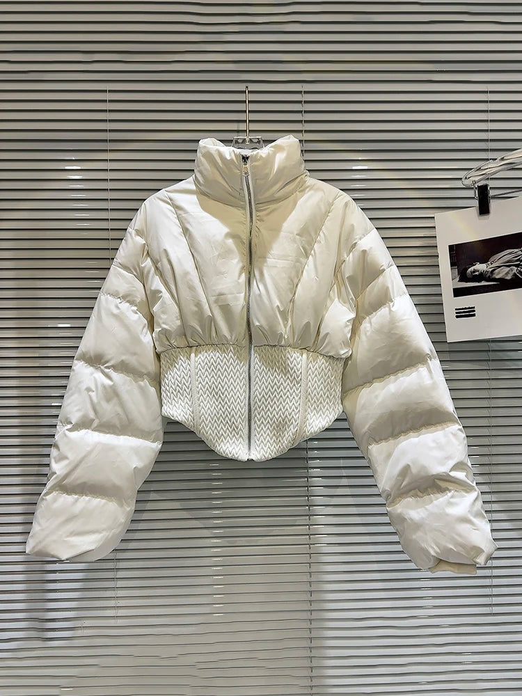 Fashion Women's Spliced Warm Coats  Winter New Stand Collar Long Sleeve Zipper Cotton-padded Jackets Female