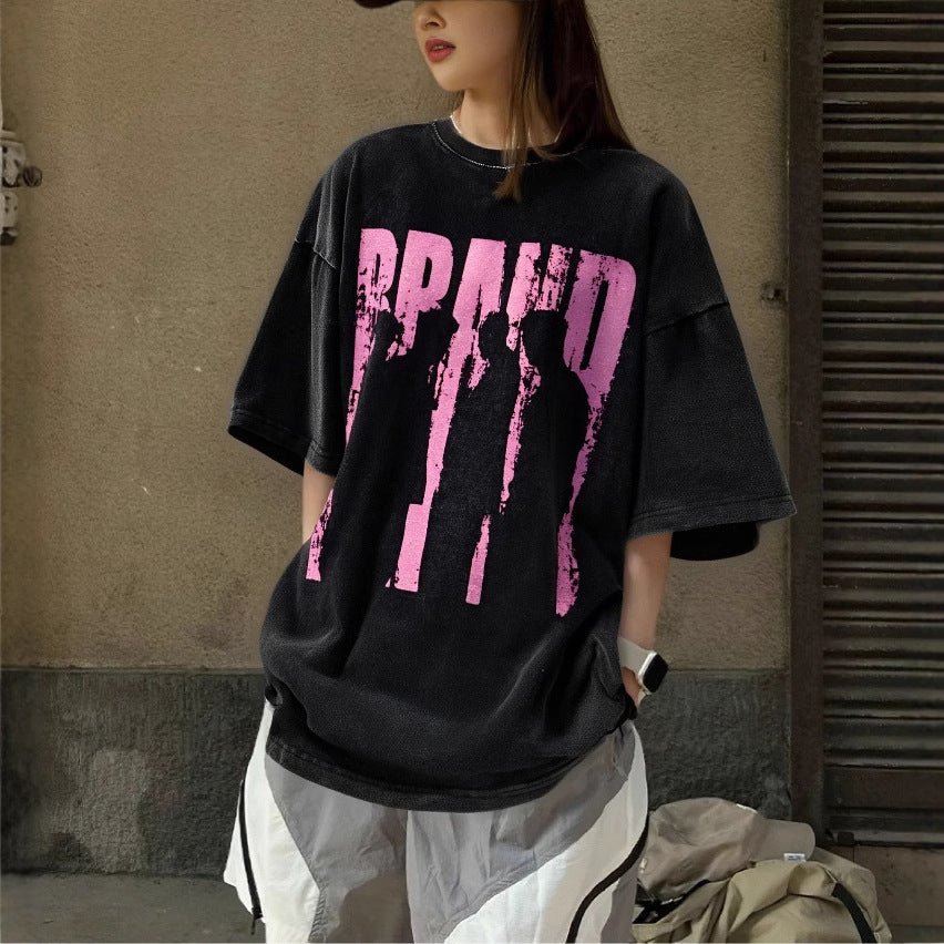 Streetwear Hip Hop Washed Portrait Print T-Shirt for Men and Women, Summer Retro Unique Loose Fit Couple Short Sleeve Top