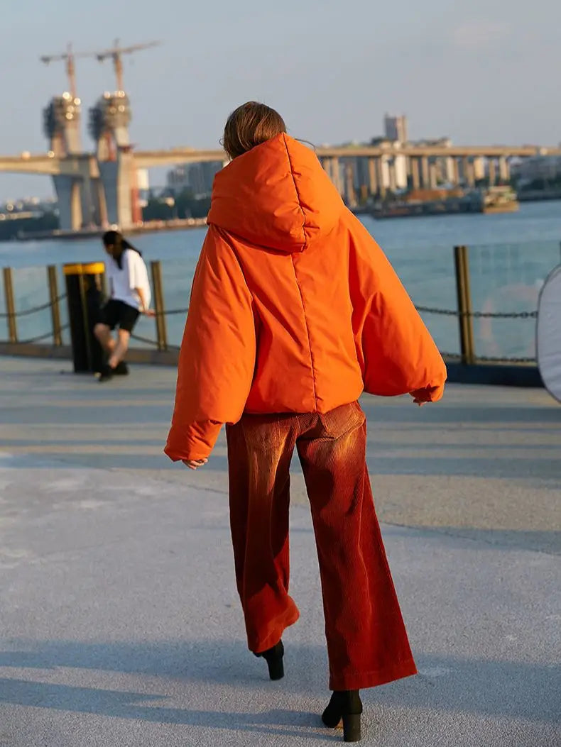 Winter Women's Parkas Fashion Tide Loose Fluffy Orange Red Oversized Down Jacket New Hooded Long Sleeve Warm Coats