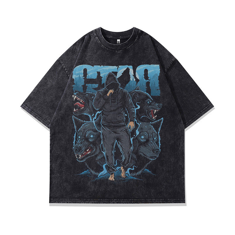 Oversized Short Sleeve T-Shirt Retro Hip Hop Print Men's Street Fashion Loose Washed Vintage Tee