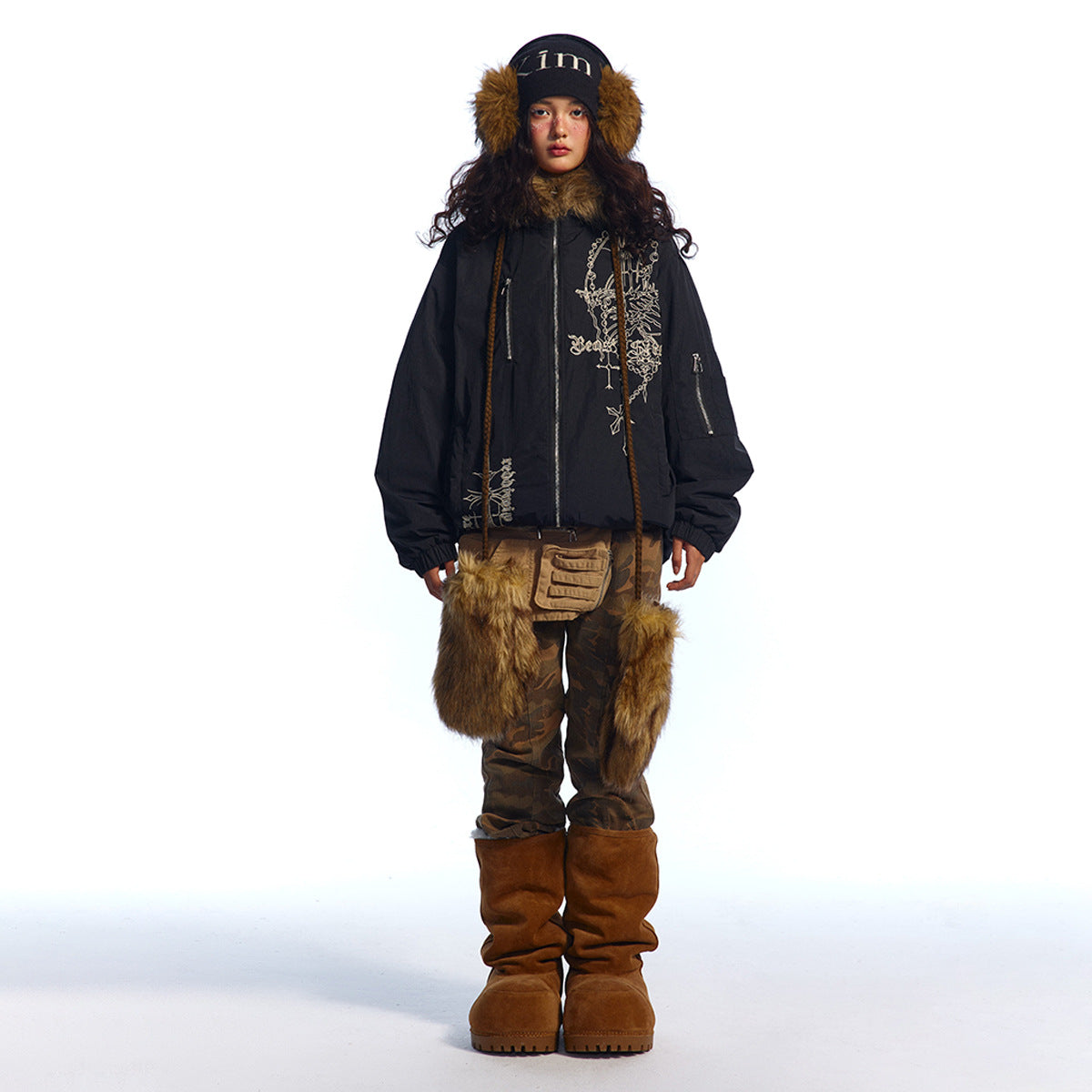 Cross skull embroidered fur collar jacket