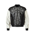 Cross embroidered patchwork leather jacket