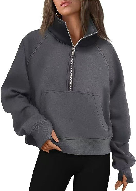 Fashionable Women's Autumn/Winter Fleece Pullover with Raglan Sleeves Loose Fit Stand-Up Collar Half-Zip Hoodie