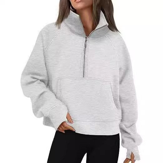 Fashionable Women's Autumn/Winter Fleece Pullover with Raglan Sleeves Loose Fit Stand-Up Collar Half-Zip Hoodie