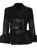 Fashion Women Short Jackets Belt Notched Flounce Three Quarter Spliced Pu Leather Zipper Slim Coats Winter