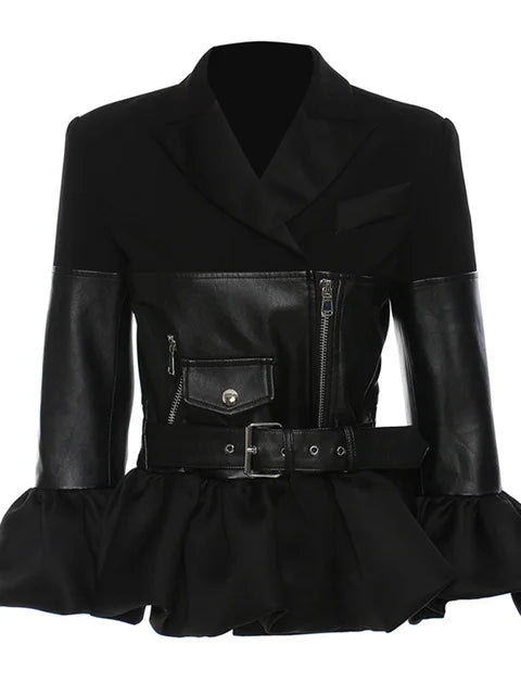 Fashion Women Short Jackets Belt Notched Flounce Three Quarter Spliced Pu Leather Zipper Slim Coats Winter