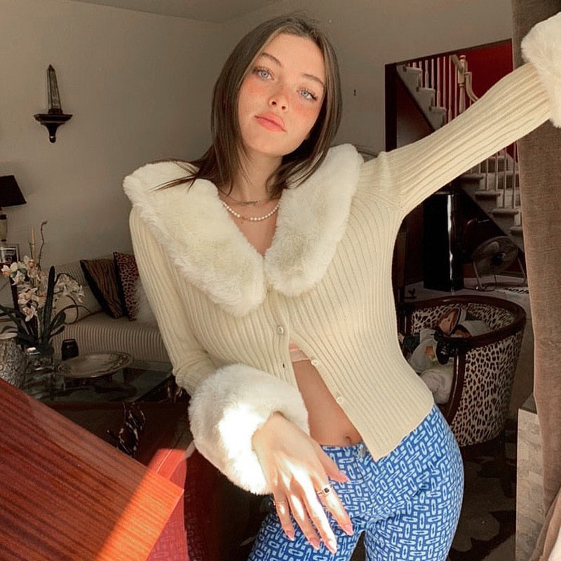 Winter Fluffy Faux Fur Knitted Top Coats and Jackets Oversized Button Up Long Sleeve Overcoats Warm Tops