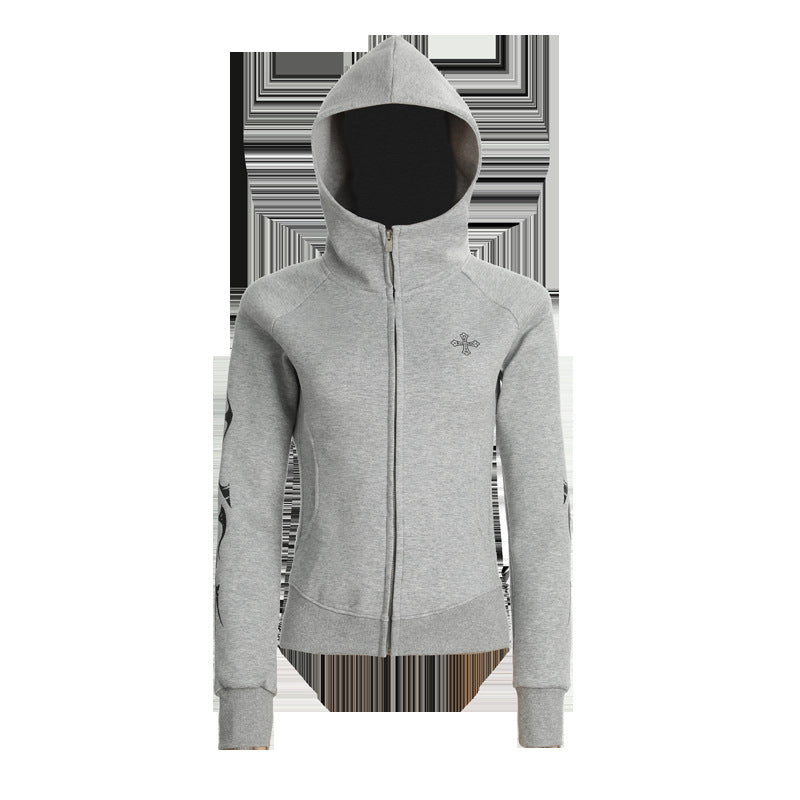 Vintage Gothic Style Hooded Sweatshirt Streetwear Casual Fitted Slim Fit Short Zip-Up Hoodie Jacket