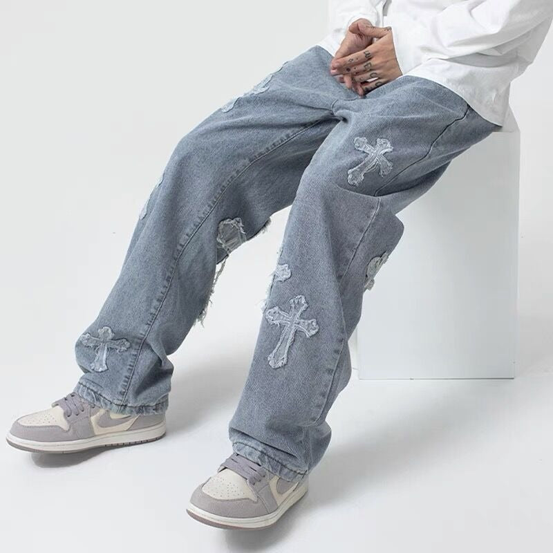 Cross patch hip-hop jeans, men's trendy brand Pi Shuai, explosive street straight tube loose wide leg long pants