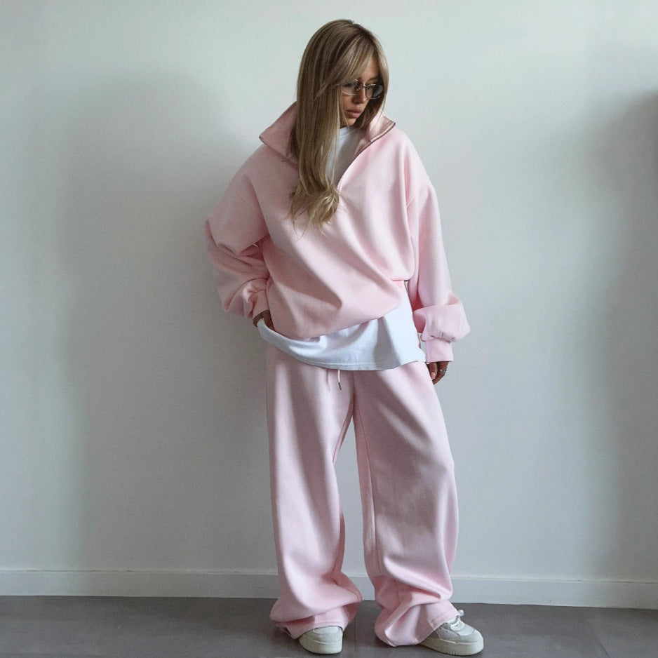 Fashion Half-Open Neck Long Sleeve Hoodie and Pants Casual Set Oversized Pullover with Tie Waist Sweatpants Two-Piece Set, Cotton