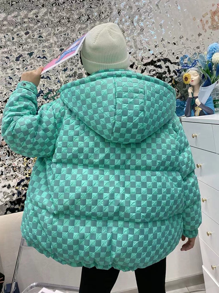 Korean Plaid Down Jacket For Women Jacquard Thick Duck Down Zip Up Hooded Jacket For Winter Puffer Outwear