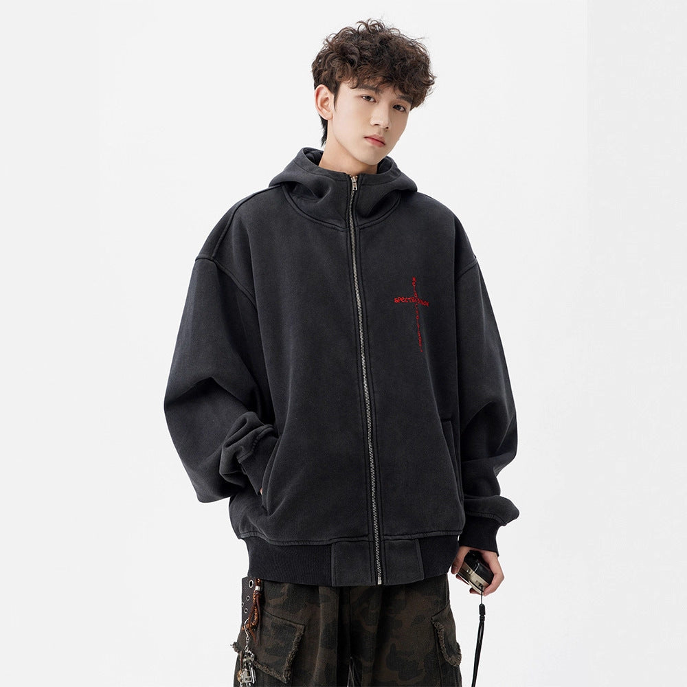 Street Style Heavyweight Washed Hoodie for Men and Women, Trendy Brand, Devil Design Zip-Up Jacket