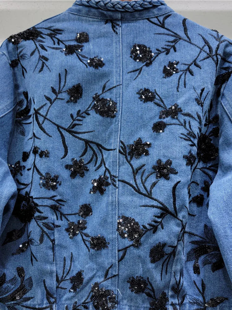 Women's Denim Coats Embroidery Sequins Flowers Buttonless Irregular Collar Twist Jackets  Summer New Fashion