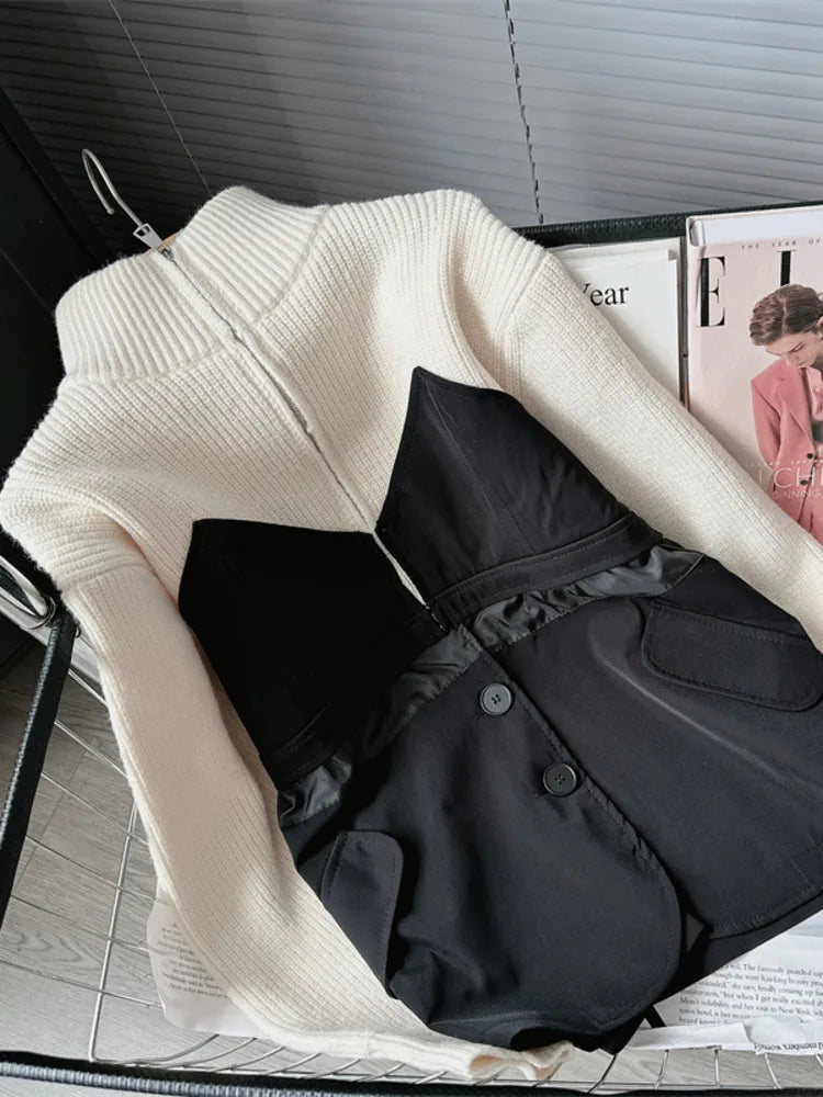 Long Sleeve Loose Outerwear Stand Collar Sweater Patchwork Fashion Women's Clothing Warm Knit Coats Winter Jacket