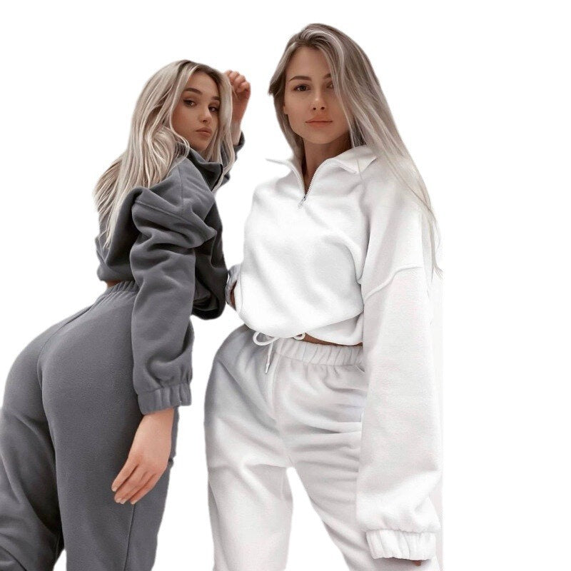 Fashion Casual Loose Zipper Stand Collar Hoodie Two-Piece Set for Women