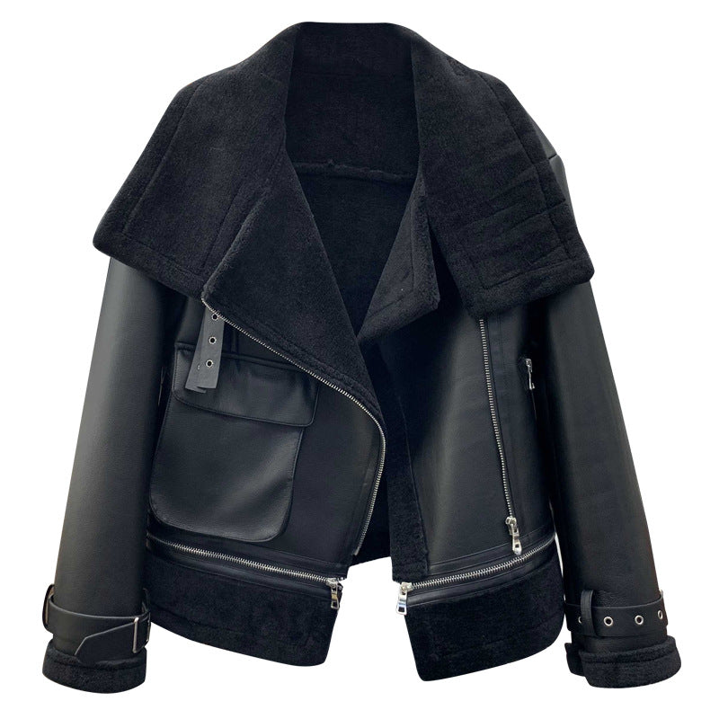 Motorcycle Merino wool fur coat women's autumn and winter short warm thin fur one coat winter