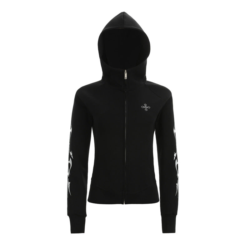 Vintage Gothic Style Hooded Sweatshirt Streetwear Casual Fitted Slim Fit Short Zip-Up Hoodie Jacket