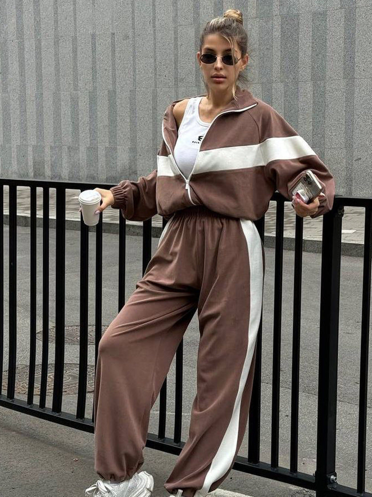 Fashion  Casual Sport Set Zip-Up Hoodie and Long Pants Two-Piece Set for Women