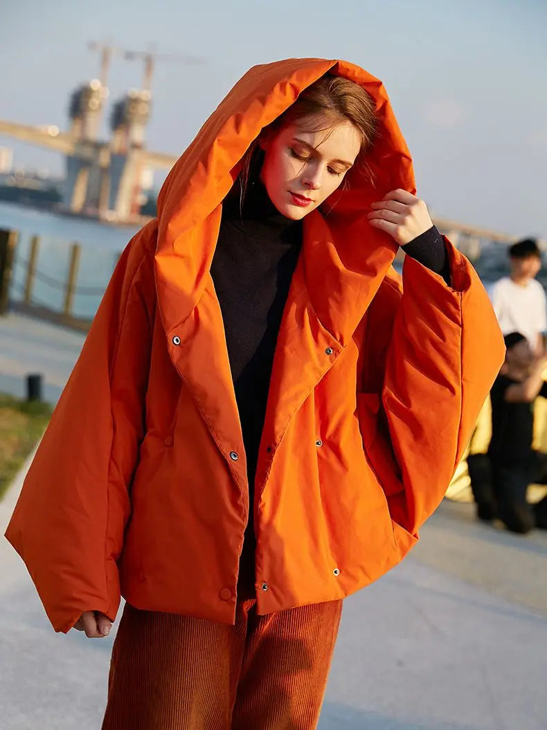 Winter Women's Parkas Fashion Tide Loose Fluffy Orange Red Oversized Down Jacket New Hooded Long Sleeve Warm Coats
