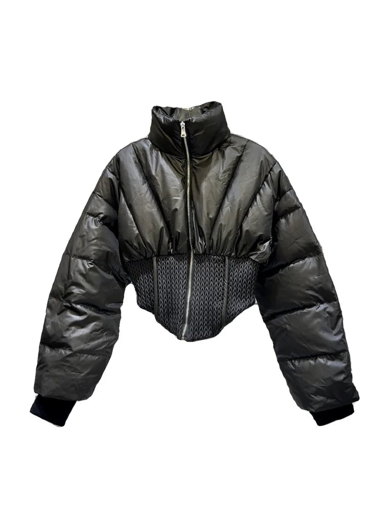 Fashion Women's Spliced Warm Coats  Winter New Stand Collar Long Sleeve Zipper Cotton-padded Jackets Female