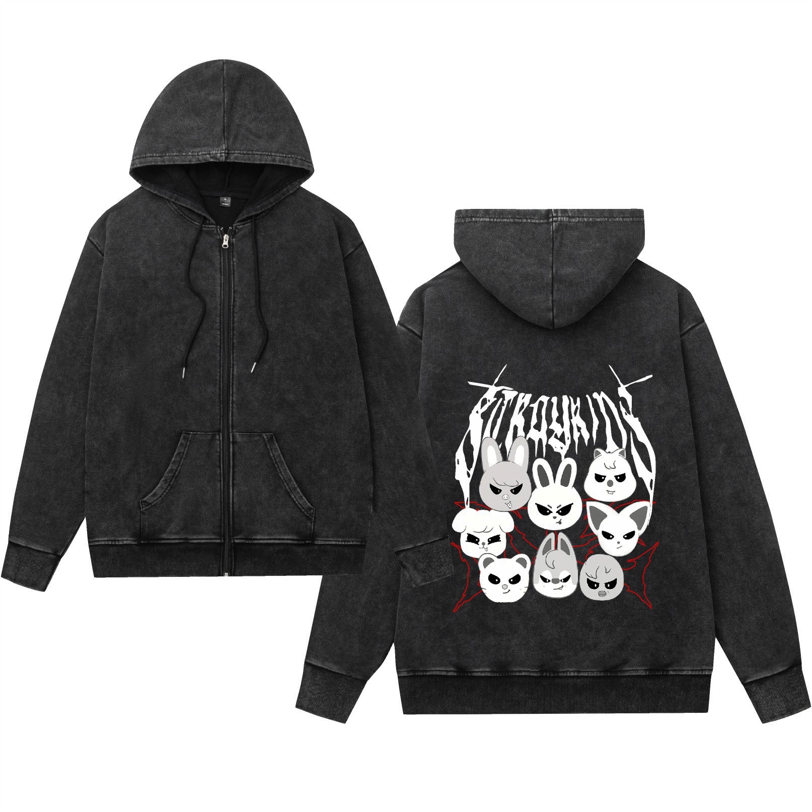 Washed vintage hoodie hooded zipper jacket