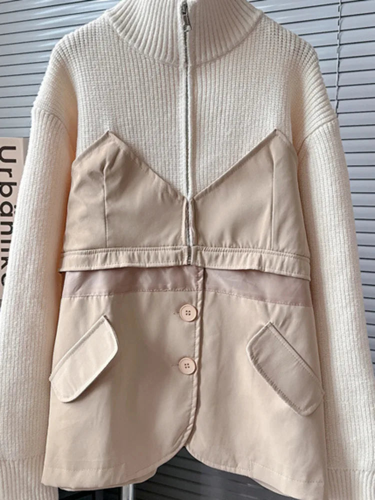 Long Sleeve Loose Outerwear Stand Collar Sweater Patchwork Fashion Women's Clothing Warm Knit Coats Winter Jacket