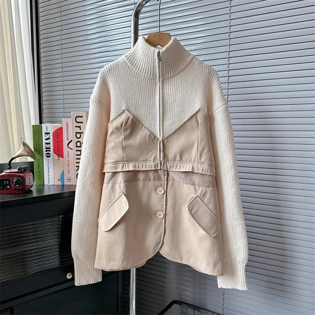 Long Sleeve Loose Outerwear Stand Collar Sweater Patchwork Fashion Women's Clothing Warm Knit Coats Winter Jacket