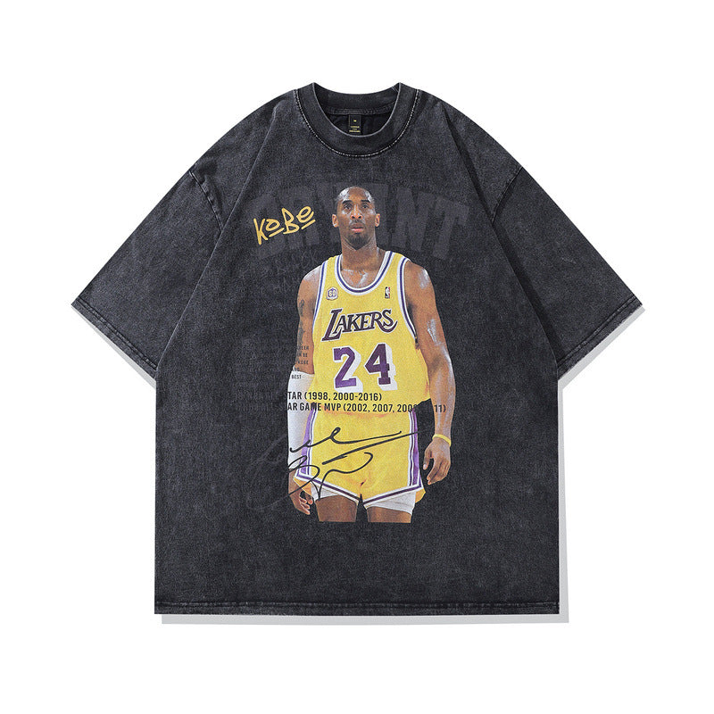 American Star Player Print Short Sleeve T-Shirt Street Hip Hop Retro Vintage Washed Heavyweight Pure Cotton Tee Men