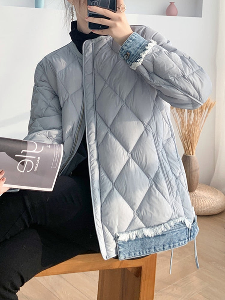Winter Cotton Coat For Women Round Neck Long Sleeve Patchwork Denim Casual Down Coats Female Clothing Fashion Style