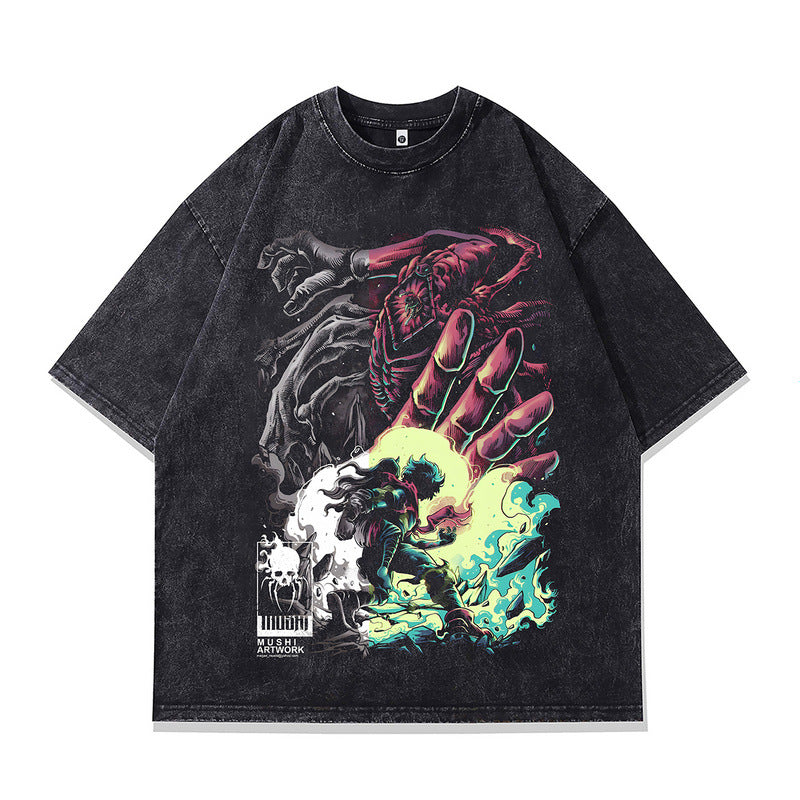 Oversized Short Sleeve T-Shirt Retro Hip Hop Print Men's Street Fashion Loose Washed Vintage Tee