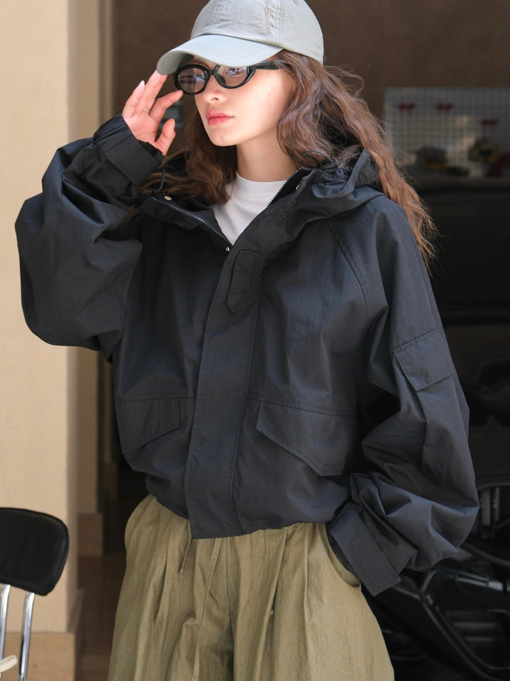 Japanese outdoor style stand up collar hooded jacket loose silhouette slimming casual jacket for women