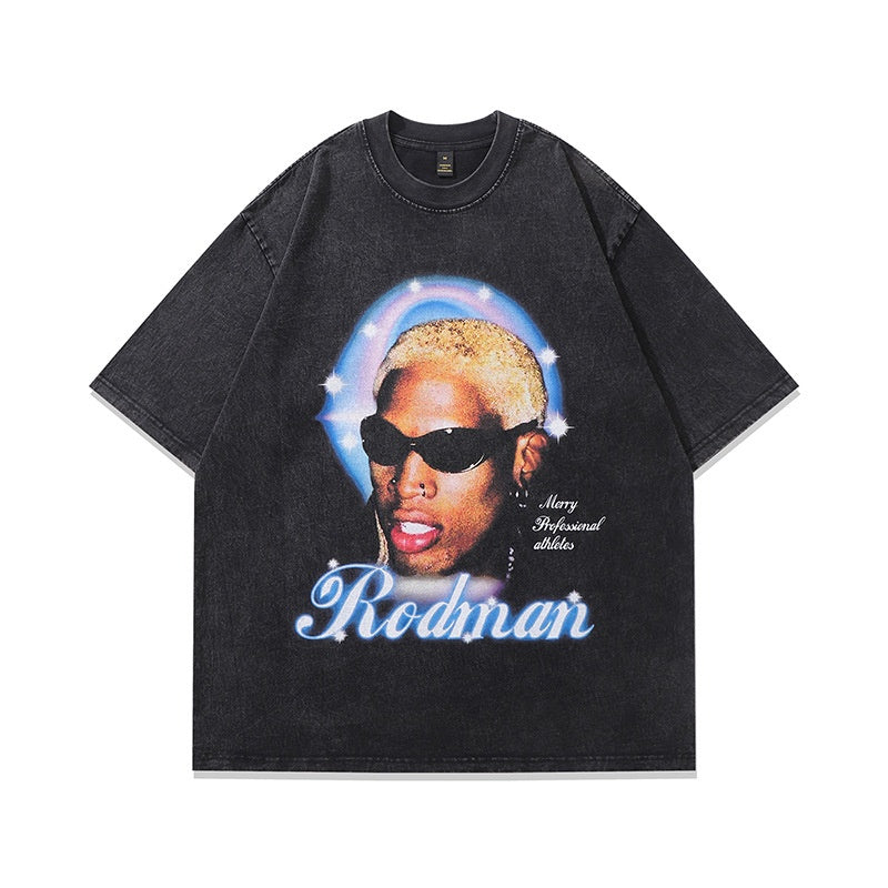 American Star Player Print Short Sleeve T-Shirt Street Hip Hop Retro Vintage Washed Heavyweight Pure Cotton Tee Men
