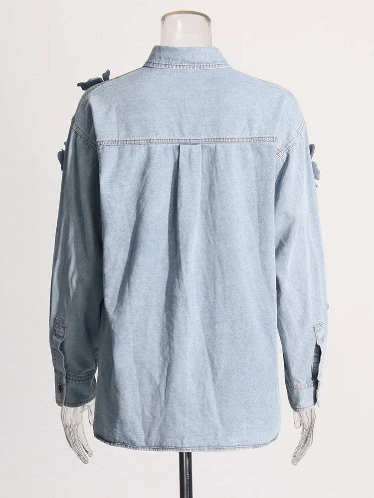 Solid Patchwork Appliques Loose Denim Jackets For Women Lapel Long Sleeve Spliced Button Minimalist Coats Female