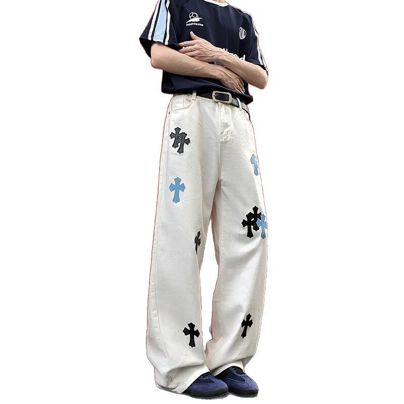 White ripped jeans men's summer cross straight leg loose and versatile wide leg pants