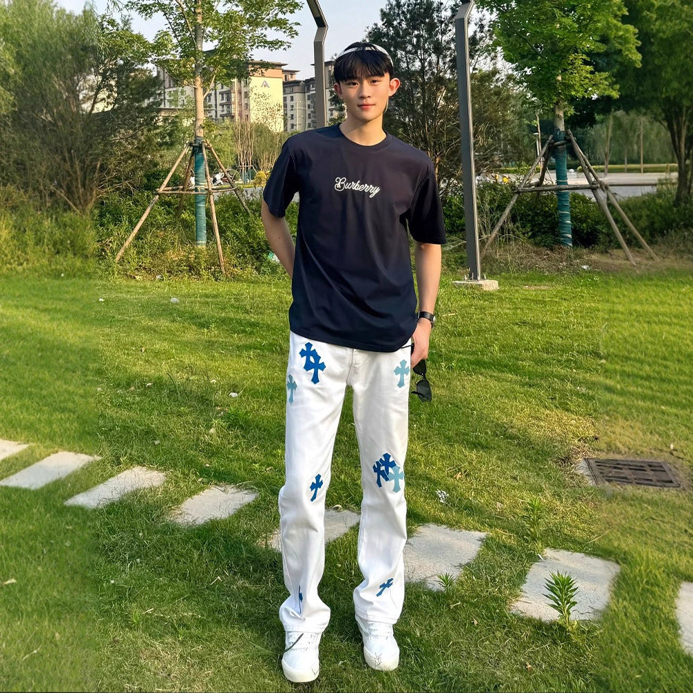 Street Style White Flared Jeans for Men, Autumn Fashion Brand Cross Pendant Pants Slim Fit Straight Leg Tapered Design