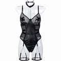 Motorcycle PU Leather Splicing Mesh Hollow-out Transparent Cross Patch Heavy Metal Chain Erotic Jumpsuit
