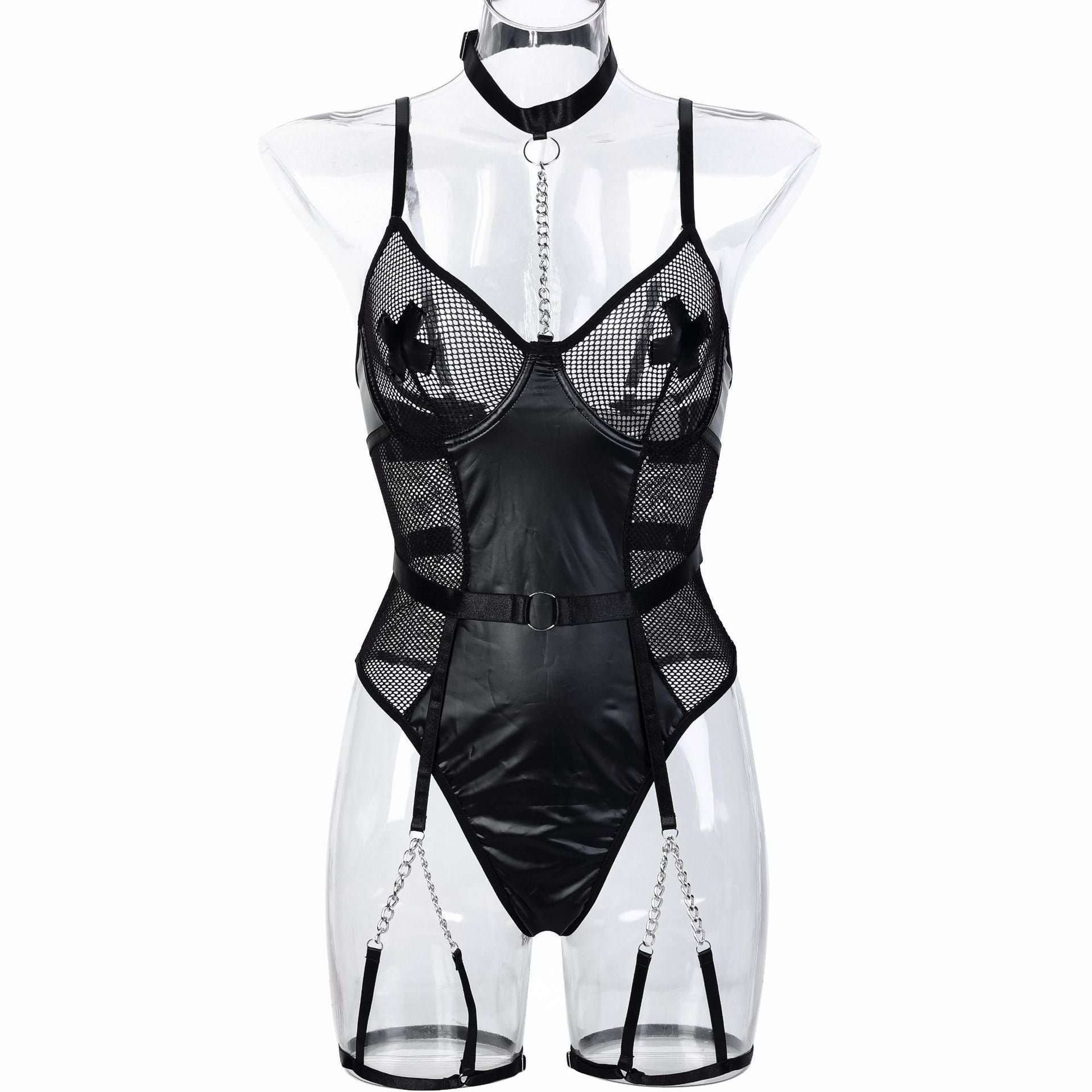 Motorcycle PU Leather Splicing Mesh Hollow-out Transparent Cross Patch Heavy Metal Chain Erotic Jumpsuit