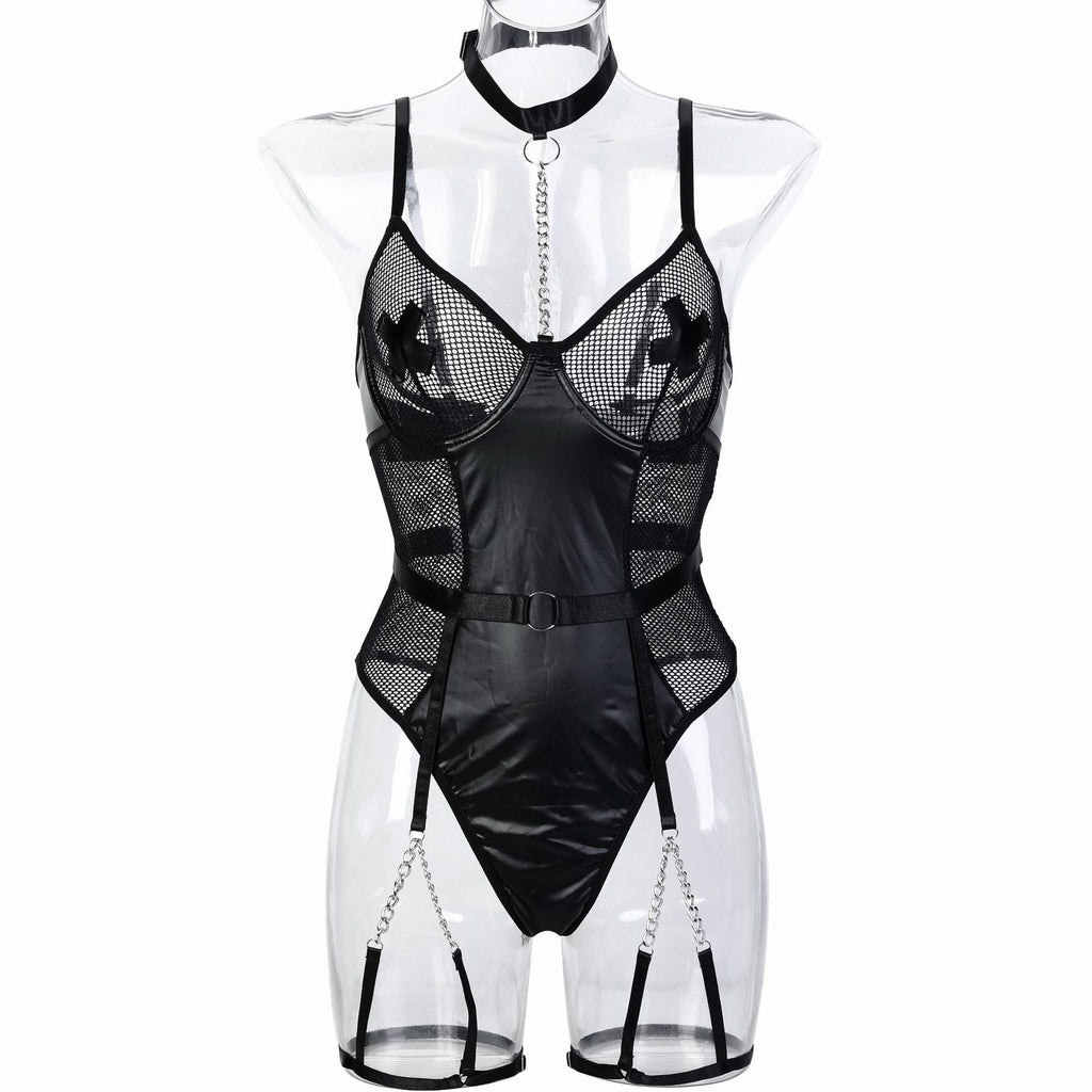 Motorcycle PU Leather Splicing Mesh Hollow-out Transparent Cross Patch Heavy Metal Chain Erotic Jumpsuit