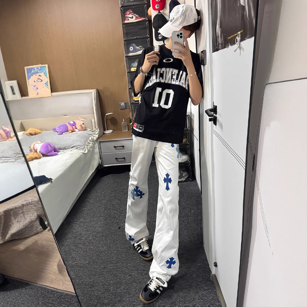 Street Style White Flared Jeans for Men, Autumn Fashion Brand Cross Pendant Pants Slim Fit Straight Leg Tapered Design
