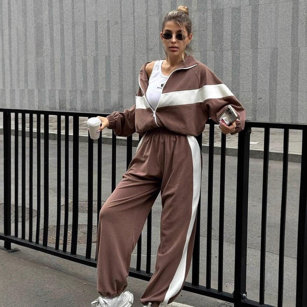 Fashion  Casual Sport Set Zip-Up Hoodie and Long Pants Two-Piece Set for Women